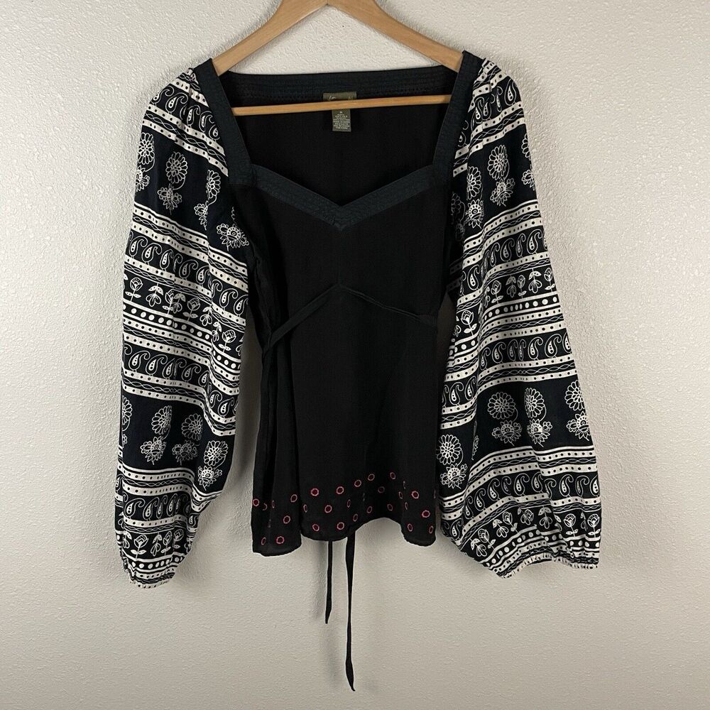 Fei Blouse Womens 8 Black Silk Embroidered Sweetheart Lined Anthropologie
